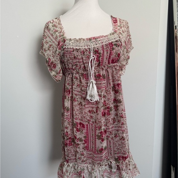 Vintage romantic rose garden Boho Dress with Tassel patchwork milkmaid cottage M - Picture 3 of 7